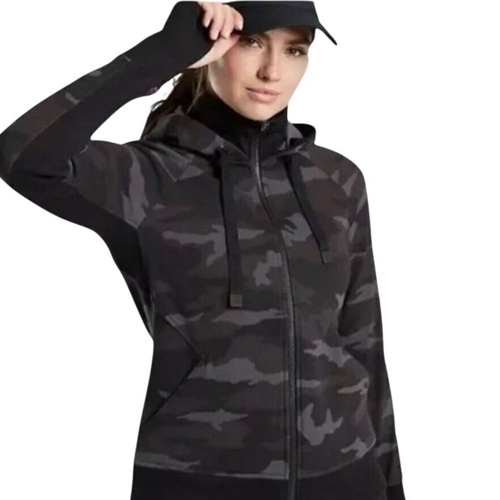 Athleta Stronger Hoodie Womens Medium Gray Camo Full Zip Fleece Thumbhole Jacket